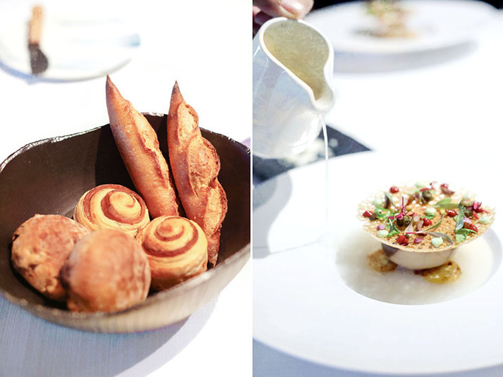 Freshly baked artisan breads (left). Chef Kai Ho’s signature Pu’er Tea Silkie Egg (right).