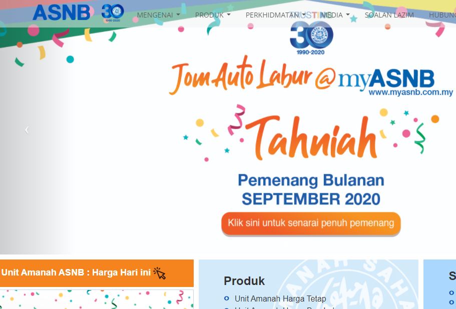 Screengrab of the Amanah Saham National Bhd website at asnb.com.my.