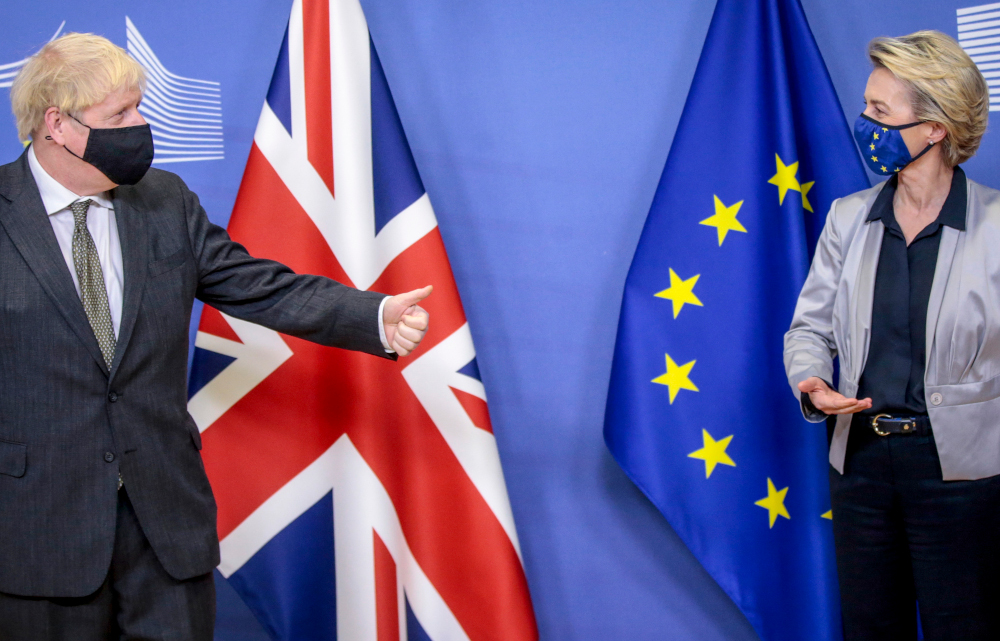Britainu00e2u20acu2122s Prime Minister Boris Johnson is welcomed by European Commission President Ursula von der Leyen in the Berlaymont building at the EU headquarters in Brussels December 9, 2020, prior to a post-Brexit talksu00e2u20acu2122 working dinner. u00e2u20acu201d AFP pic 