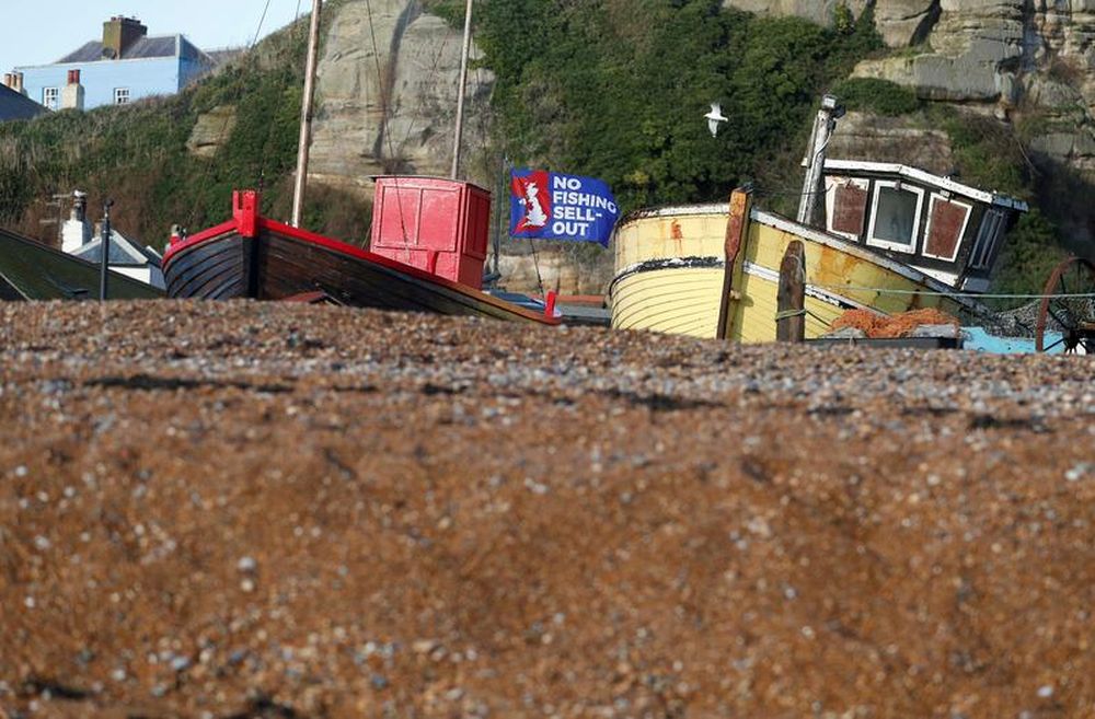 A flag with a slogan supporting the UK fishing industry is seen on the beach in Hastings, Britain, December 20, 2020. u00e2u20acu201d Reuters pic