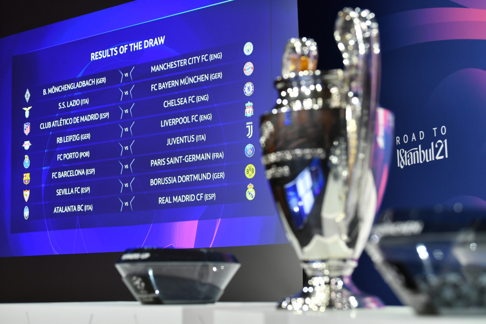 The screen displaying the results after the draw for the round of 16 of the Uefa Champions League football tournament in Nyon December 14, 2020. u00e2u20acu201d Uefa/Harold Cunningham pic via AFP 