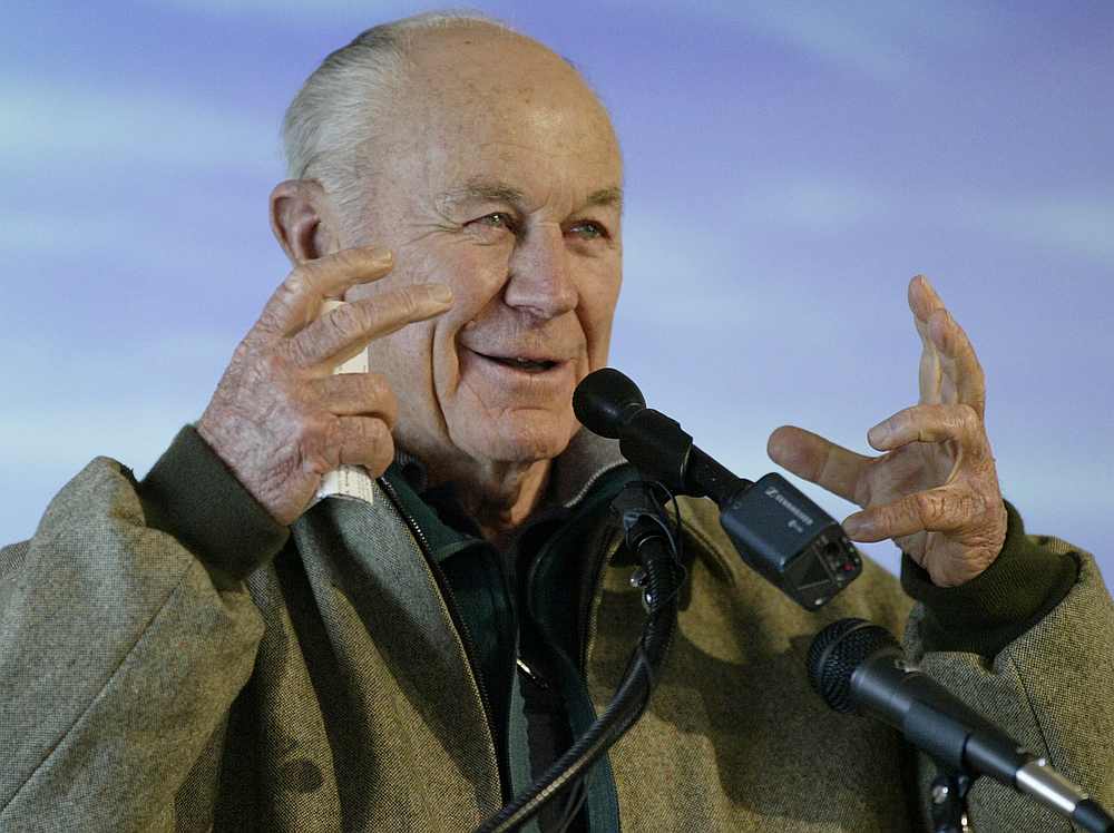 General Chuck Yeager, the first person to break the sound barrier, speaks to a crowd at the Wright Brothers National Memorial in Kill Devil Hills, North Carolina December 16, 2003. u00e2u20acu201d Reuters pic