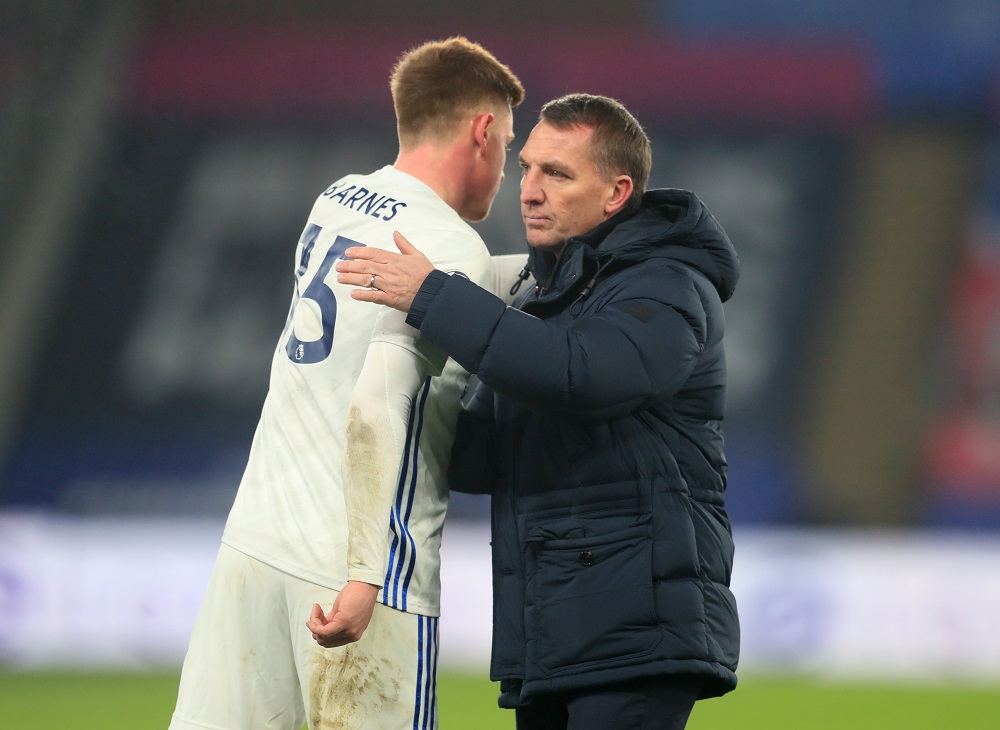 Leicester City manager Brendan Rodgers is pictured with Harvey Barnes after the match against Crystal Palace December 29, 2020. u00e2u20acu2022 Pool via Reuters