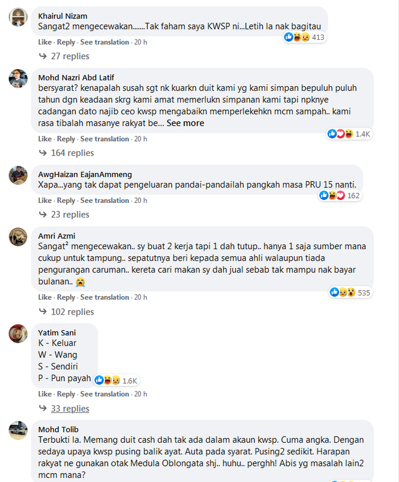 Angry comments flooded Datuk Seri Najib Razak’s official Facebook page after he asked his followers if they were happy with EPF’s announcement. — Facebook screencap 