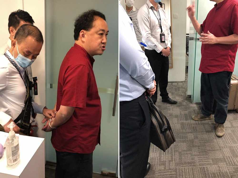 The arrest of Lim Tean at his law firm's office on October 2, 2020. u00e2u20acu201du00c2u00a0Pictures courtesy of MRavi/Facebook via TODAY