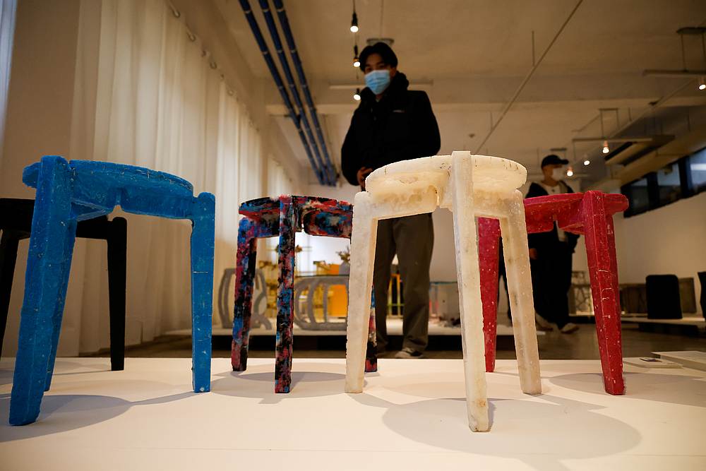 Upcycled stools from discarded protective masks by Kim Ha-neul, majoring in furniture design, are displayed at a graduation exhibition in Uiwang, South Korea, December 7, 2020. u00e2u20acu201d Reuters pic