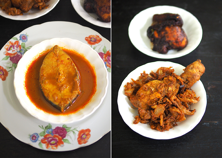 The 'tenggiri' fish curry is exceptional with super fresh fish that has a lovely sweet taste (left). 'Ayam bawang' is a big favourite here with the fried battered onions to give it flavour (right)