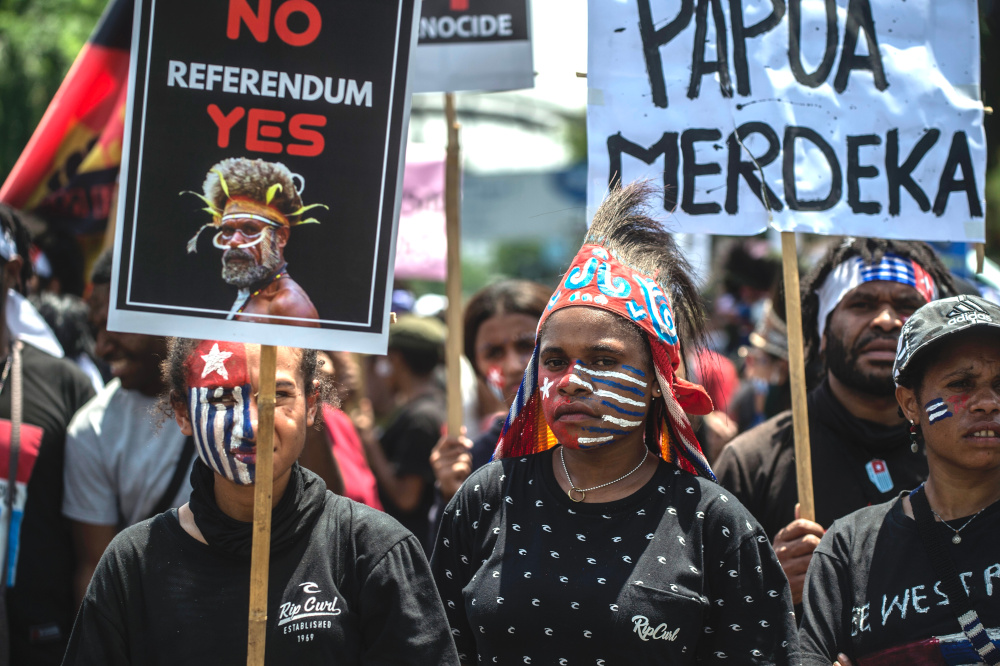 Papuan activists attend a protest in Surabaya December 1, 2020, to mark the Free Papua Organisation anniversary. — AFP pic