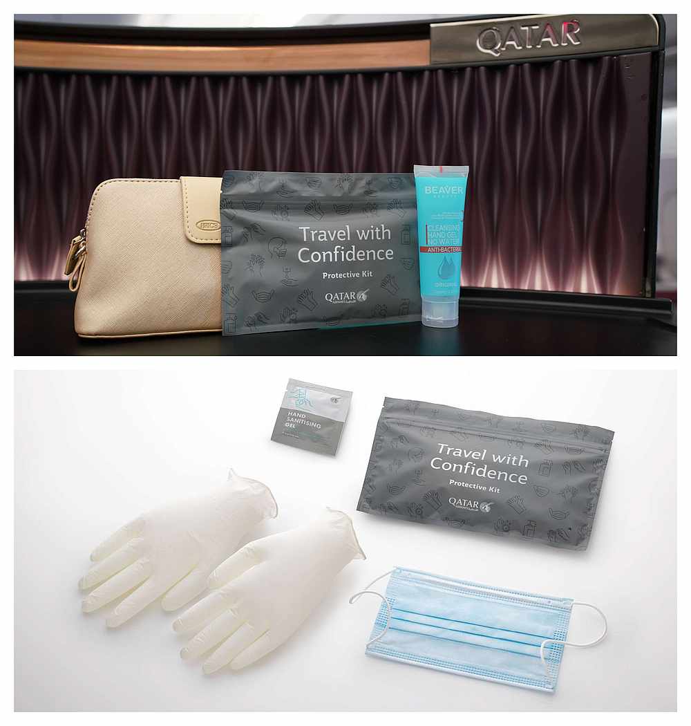 The complimentary protective kits for Business Class (top) and Economy Class passengers. — Picture courtesy of Qatar Airways