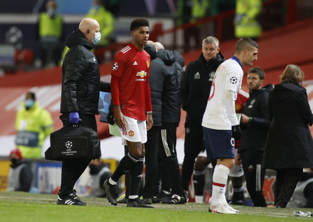 Manchester Unitedu00e2u20acu2122s Marcus Rashford is substituted after sustaining an injury against Paris St Germain at Old Trafford, Manchester December 2, 2020. u00e2u20acu201d Reuters pic