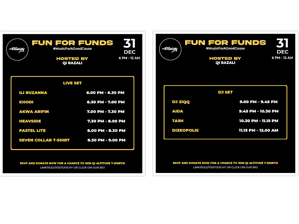 The lineup for Stoochy Entertainment's Funds For Fun, happening on December 31 from 6.00pm until midnight. ― Picture courtesy of Stoochy Entertainment