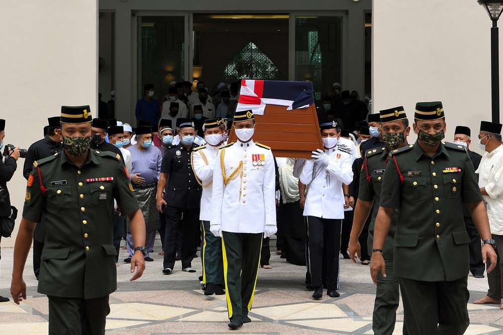 Armed Forces personnel carry the casket of the late Tun Rahah Mohamed Noah into the National Mosque for the state funeral December 19, 2020. u00e2u20acu2022 Bernama picn
