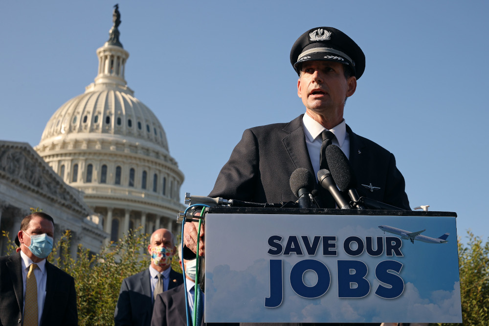 Allied Pilots Association President Eric Ferguson joins airline executives to call on Congress to pass an extension of the Payroll Support Program in Washington, DC, September 20, 2020. u00e2u20acu201d Chip Somodevilla /Getty Images North America  pic via AFP