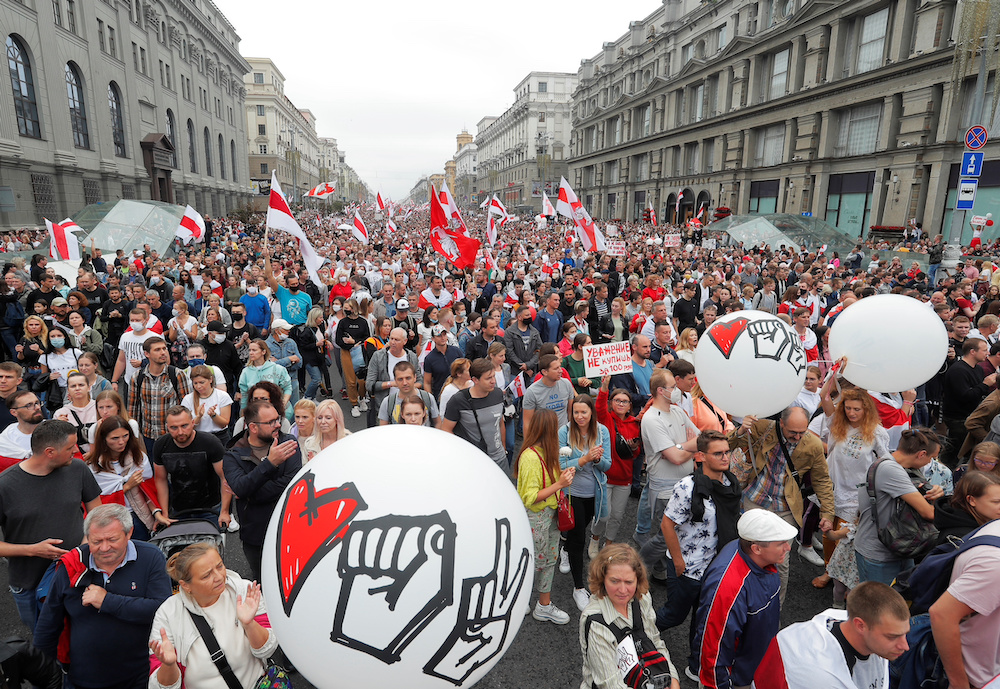 People march during an opposition demonstration to protest against presidential election results in Minsk, Belarus August 23, 2020. u00e2u20acu201d Reuters pic