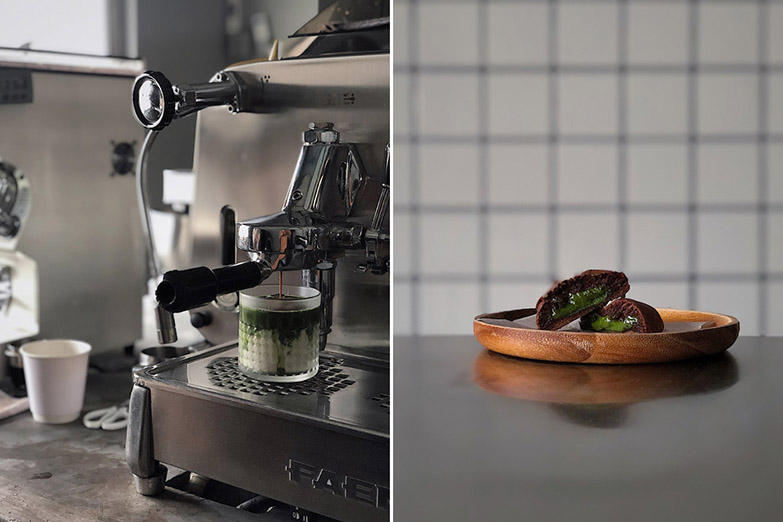 Matcha, from an iced matcha latte to the molten matcha filling inside the soft chocolate cookies.