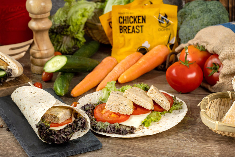 One way to enjoy Oomph’s Chicken Breast Patties is to roll it up in a wholegrain pita bread.