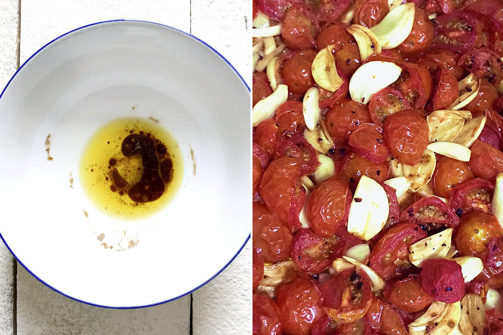 A simple noodle sauce (left) and roasted cherry tomatoes with garlic (right).