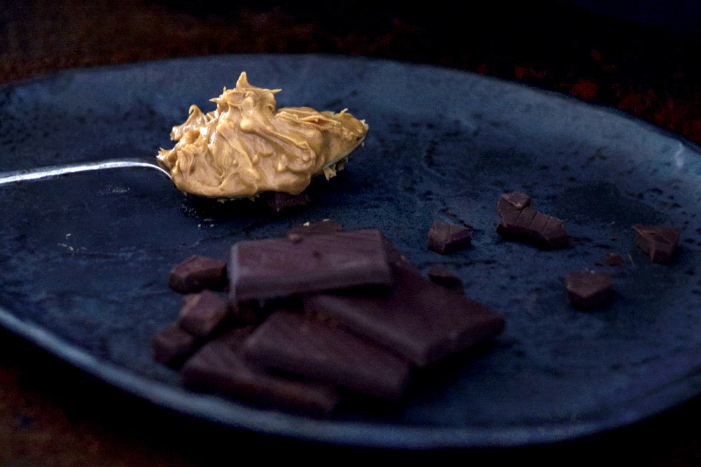 Crunchy peanut butter and squares of dark chocolate.