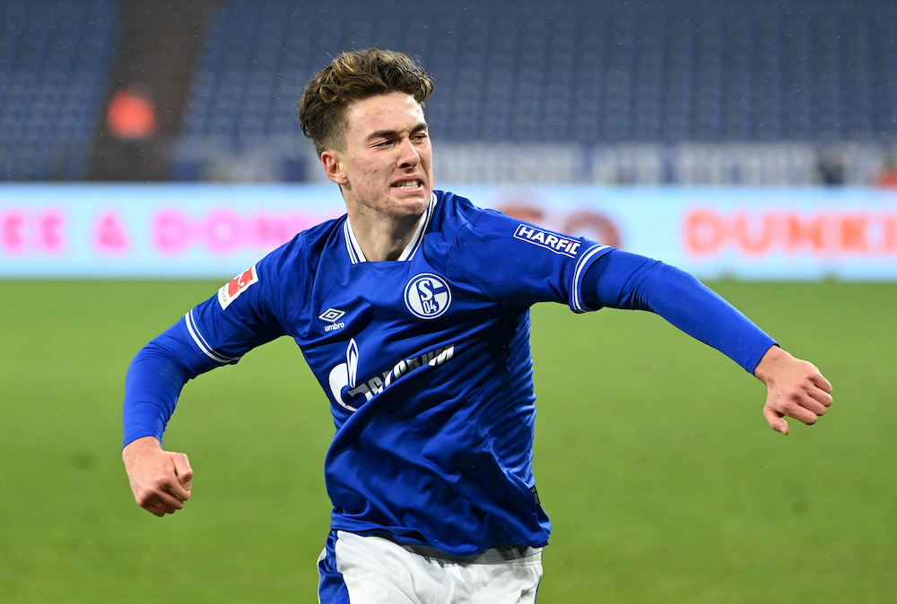 Schalke 04's Matthew Hoppe celebrates scoring their second goal, January 9, 2021. u00e2u20acu201d Pool via Reuters/Ina Fassbender 