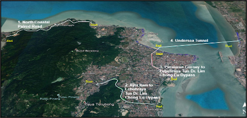 A map showing the alignments of the four packages under the RM6.3 billion three major roads and undersea tunnel project in Penang. u00e2u20acu201d Picture courtesy of the Penang Chief Minister's Office