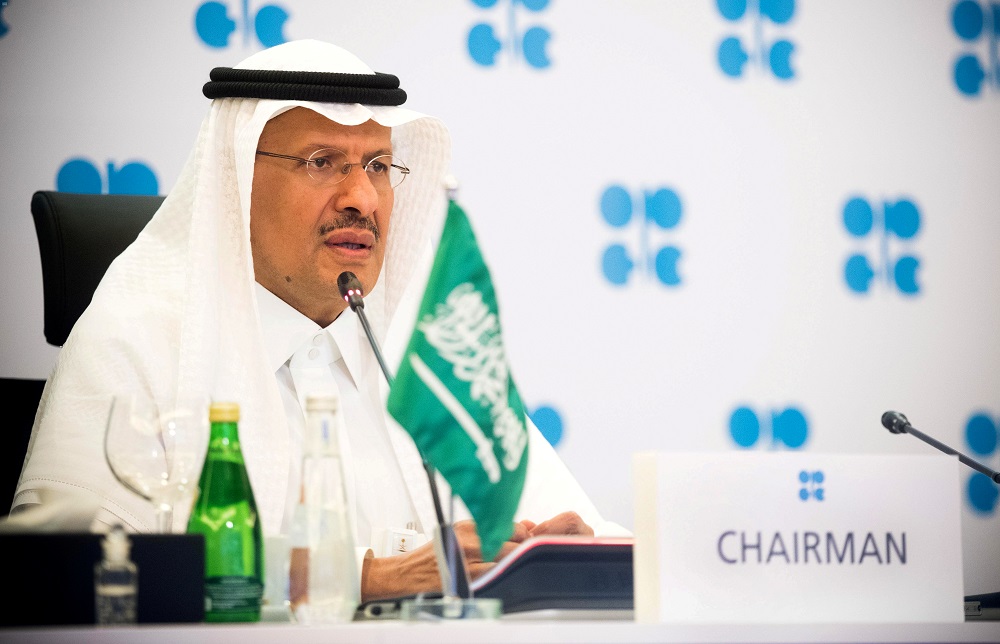 Saudi Arabia's Minister of Energy Prince Abdulaziz bin Salman Al-Saud speaks via video link during a virtual emergency meeting of Opec and non-Opec countries, following the outbreak of the coronavirus disease, in Riyadh April 9, 2020. u00e2u20acu201d Reuters pic