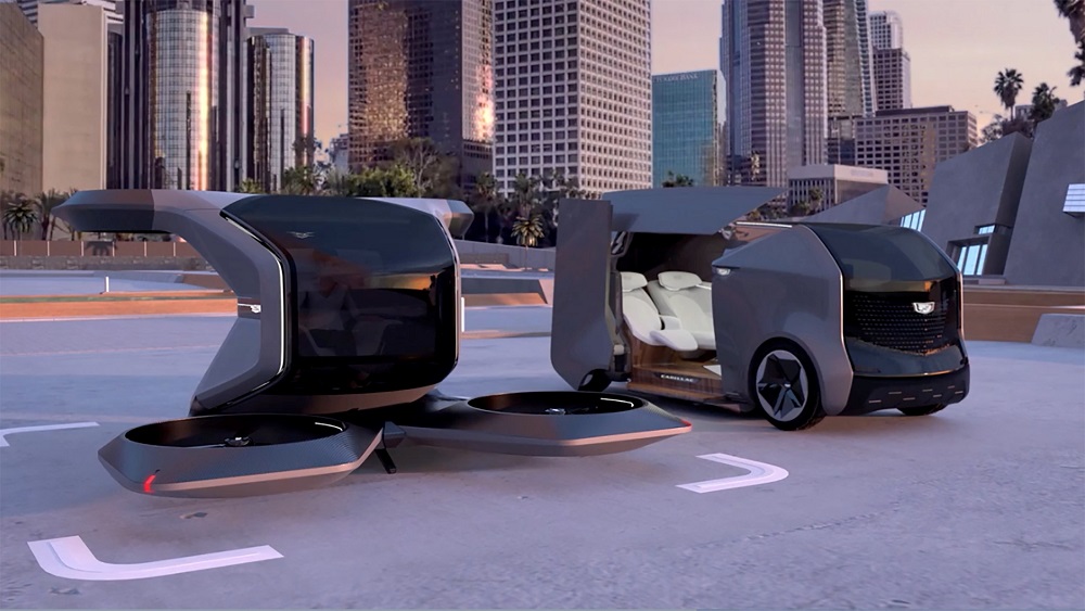 Two futuristic Cadillac concepts, an electric shuttle and an autonomous vertical take-off and landing (VTOL) drone, are seen in a still image from video presented by General Motors (GM) at the 2021 CES show January 12, 2021. u00e2u20acu201d GM handout via Reuters