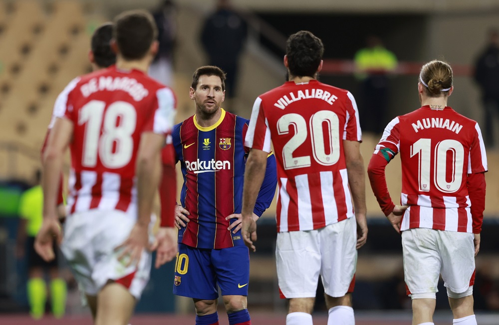 Barcelonau00e2u20acu2122s Lionel Messi after being sent off during the Spanish Super Cup Final match against Athletic Bilbao at Estadio La Cartuja de Sevilla in Seville January 17, 2021. u00e2u20acu201d Reuters pic