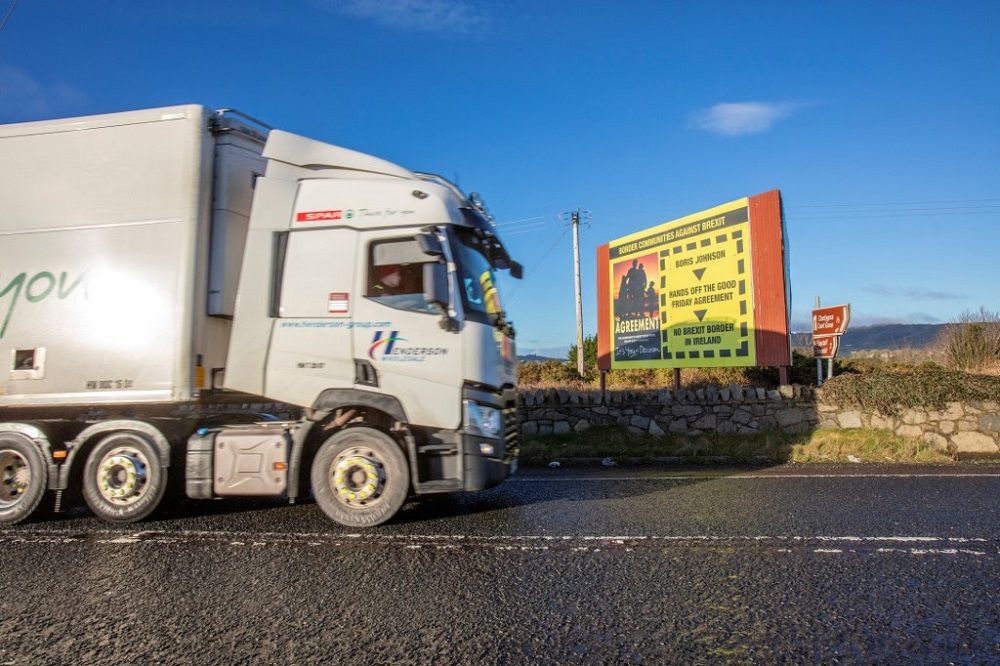 A lorry passes signage on the old Dublin road near the border with Northern Ireland and the Irish Republic, on January 1, 2021, as Britain begins life outside the European Union. u00e2u20acu201d AFP pic