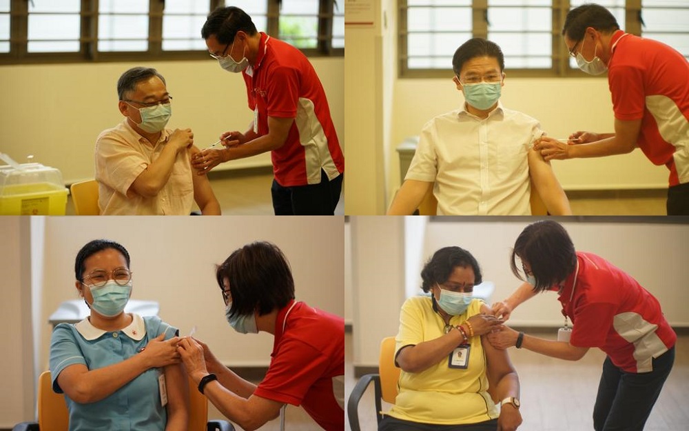 Clockwise from top left: Singapore Health Minister Gan Kim Yong, Singapore Education Minister Lawrence Wong and employees at Kwong Wai Shiu Hospital getting vaccinated against Covid-19 January 13, 2021. u00e2u20acu201d TODAY pic