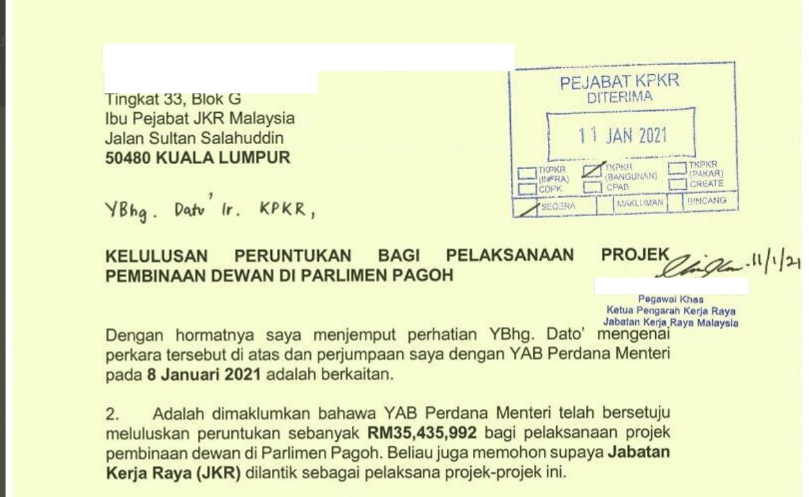 A screenshot of the letter floating around on social media alleging permission for a hall in Pagoh. u00e2u20acu201d Picture via social media