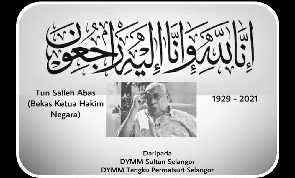 Selangor Sultan Sultan Sharafuddin Idris Shah and Tengku Permaisuri Selangor, Tengku Permaisuri Norashikin have conveyed their condolences to the family of former Lord President Tun Dr Mohamed Salleh Abas. u00e2u20acu201d Picture via Facebook/Selangor Royal Office
