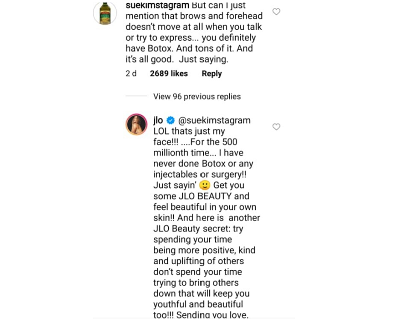 A screenshot of the exchange between US singer Jennifer Lopez and an internet troll. — Screen capture via Instagram/jlo
