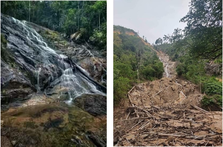 Pictures of the Tanjung Batu Waterfall in Segari Melintang Forest Reserve before the alleged quarry activity approved by the Mentri Besar Incorporated (left) and after the destruction. u00e2u20acu201d Pictures via Facebook/Persatuan Aktivis Sahabat Alam