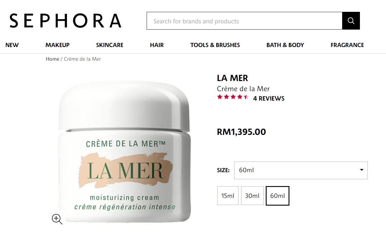 Crème de la Mer is known for its transformative healing properties that come with a hefty price tag. — Screen capture from Sephora Malaysia