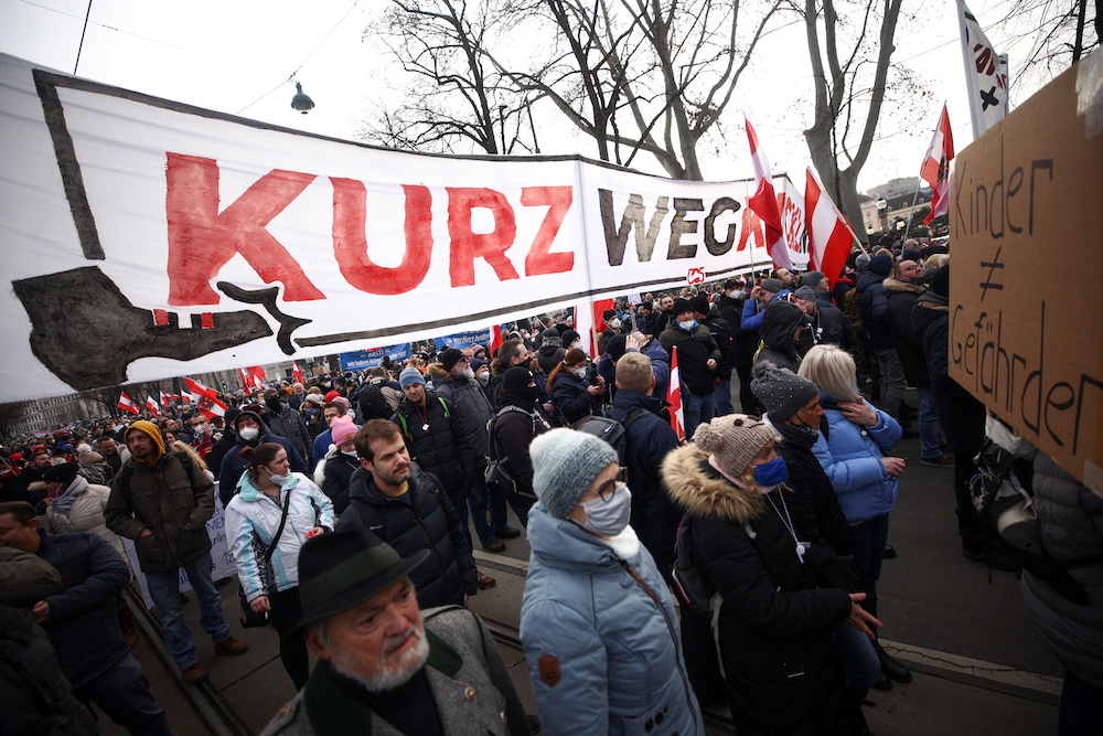 People gather during a demonstration against the coronavirus disease (Covid-19) measures and their economic consequences in Vienna, Austria, January 31, 2021. u00e2u20acu201d Reuters pic