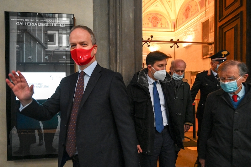 Director of the Uffizi Gallery Museum, Germany's Eike Schmidt (left) attends on January 21, 2021 the reopening of the Uffizi Galleries in Florence. u00e2u20acu201d AFP pic
