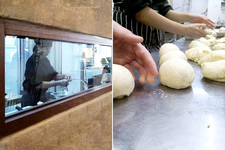 Yong busy inside the kitchen preparing the bagel dough.