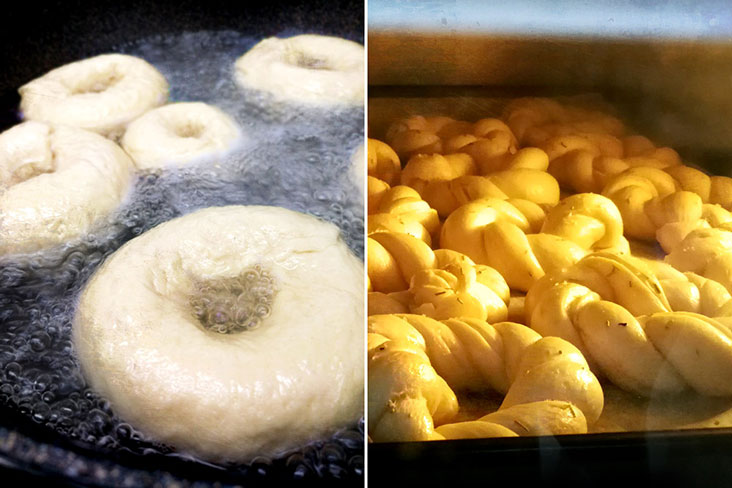 Bagel dough is first boiled, then baked, to achieve a golden brown colour.