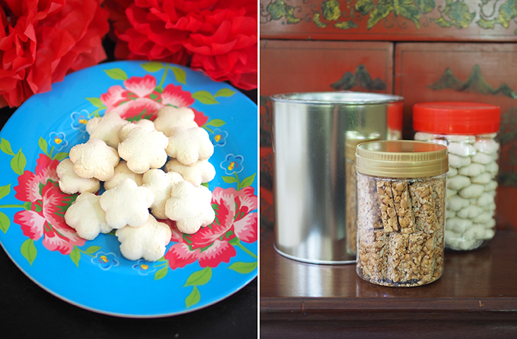 'Kuih bangkit' has a melt-in-the-mouth texture with a nice fragrance from the Lim family stall (left). The 'kuih kapit' is stored in a recycled Milo tin to keep it airtight while the other cookies are packed in plastic jars (right)