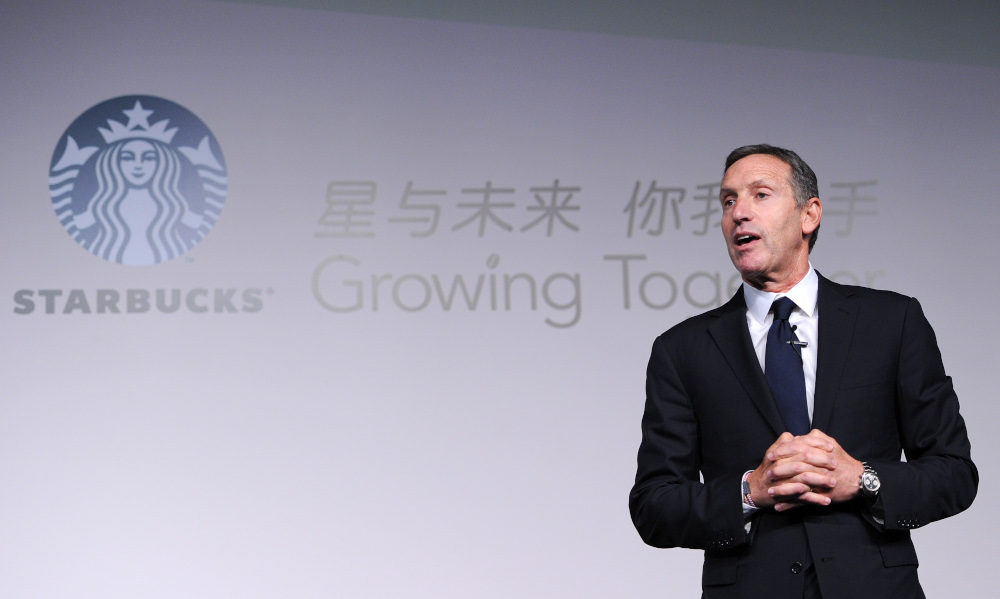 This file photo taken April 18, 2012 shows Howard Schultz, president and chief executive officer of Starbucks, delivering his speech at the Starbucks Partner Family Forum in Beijing. u00e2u20acu201d AFP pic