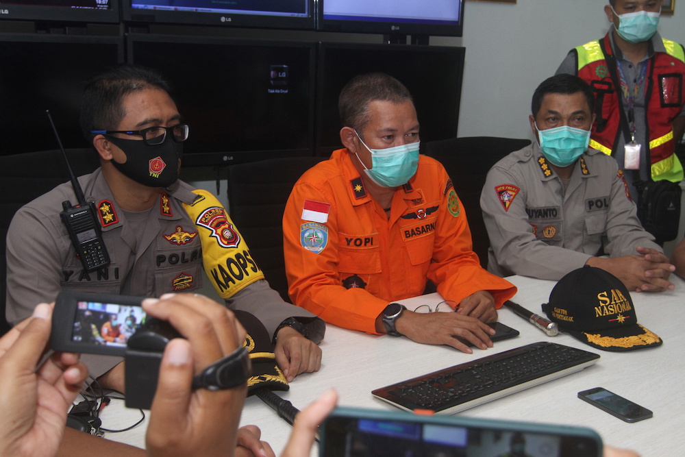 Head of Pontianak Basarnas, Yopi, gives a speech during a conference after Sriwijaya Air Flight SJ182 with more than 50 people on board, lost contact after taking off, according to local media at Supadio Airport, Kubu Raya, West Kalimantan Province, Indon
