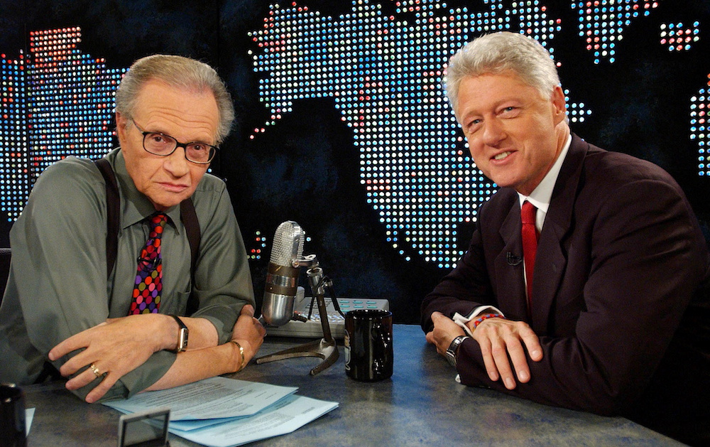 Former President Bill Clinton (right) speaks with Larry King on CNN in New York, US, September 3, 2002, about the Families of Freedom Scholarship Fund. u00e2u20acu201d Reuters picnnnn