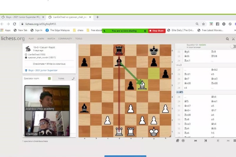 Teh Wee Zhun guiding his students using online applications such as Lichess and with arrows on the online chess board. — Picture courtesy of Teh Wee Zhun