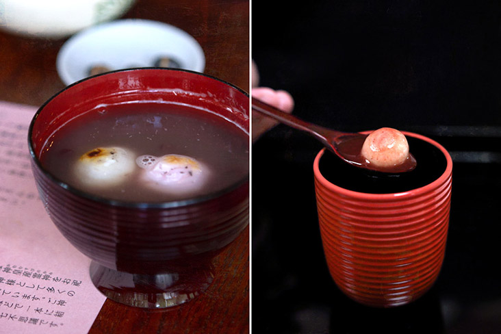 Unctuous bowls of 'shiruko' (sweet 'adzuki' bean soup) and orbs of chewy 'mochi' (glutinous rice cake).