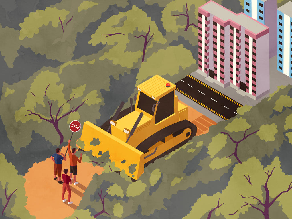 In land-scarce and densely populated Singapore, the Government will have to continue balancing the needs of development and conservation as part of its long-term planning processes, said National Development Minister Desmond Lee. u00e2u20acu201d Illustration by Anam 