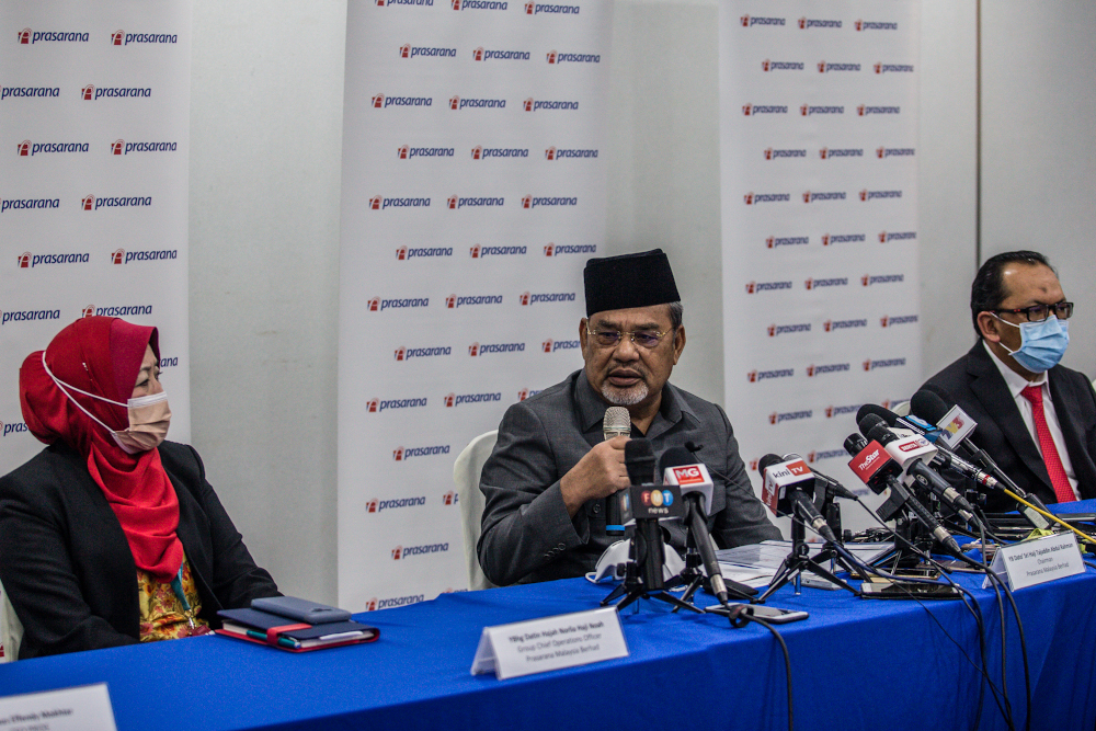 Prasarana chairman Datuk Sri Tajuddin Abdul Rahman speaks during a press conference at Menara UOA in Kuala Lumpur January 4, 2021. u00e2u20acu201d Picture by Firdaus Latif