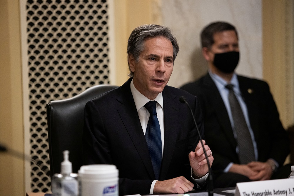 Antony J. Blinken, of New York, speaks during his confirmation hearing to be Secretary of State before the US Senate Foreign Relations Committee at the US Capitol in Washington January 19, 2021. u00e2u20acu2022 Pool via Reuters