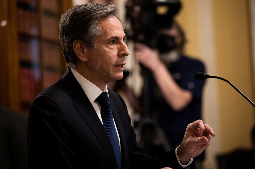 Antony J. Blinken, of New York, speaks during his confirmation hearing to be Secretary of State before the US Senate Foreign Relations Committee at the US Capitol in Washington January 19, 2021. u00e2u20acu2022 Pool via Reuters