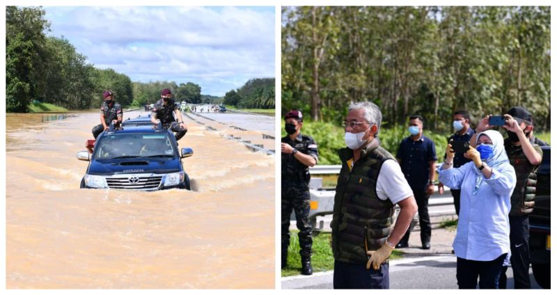 Sultan Abdullah and Tunku Azizah braved the waterlogged East Coast Highway to distribute aid to flood victims and stranded lorry drivers. u00e2u20acu201d Pictures via Facebook/Istana Negarann