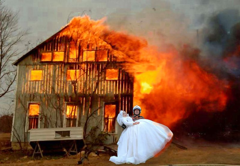 While it looks pretty realistic, the couple didn’t actually stand in front of a burning building in case you were wondering. — Picture via Facebook/Fitrin Ruslee.